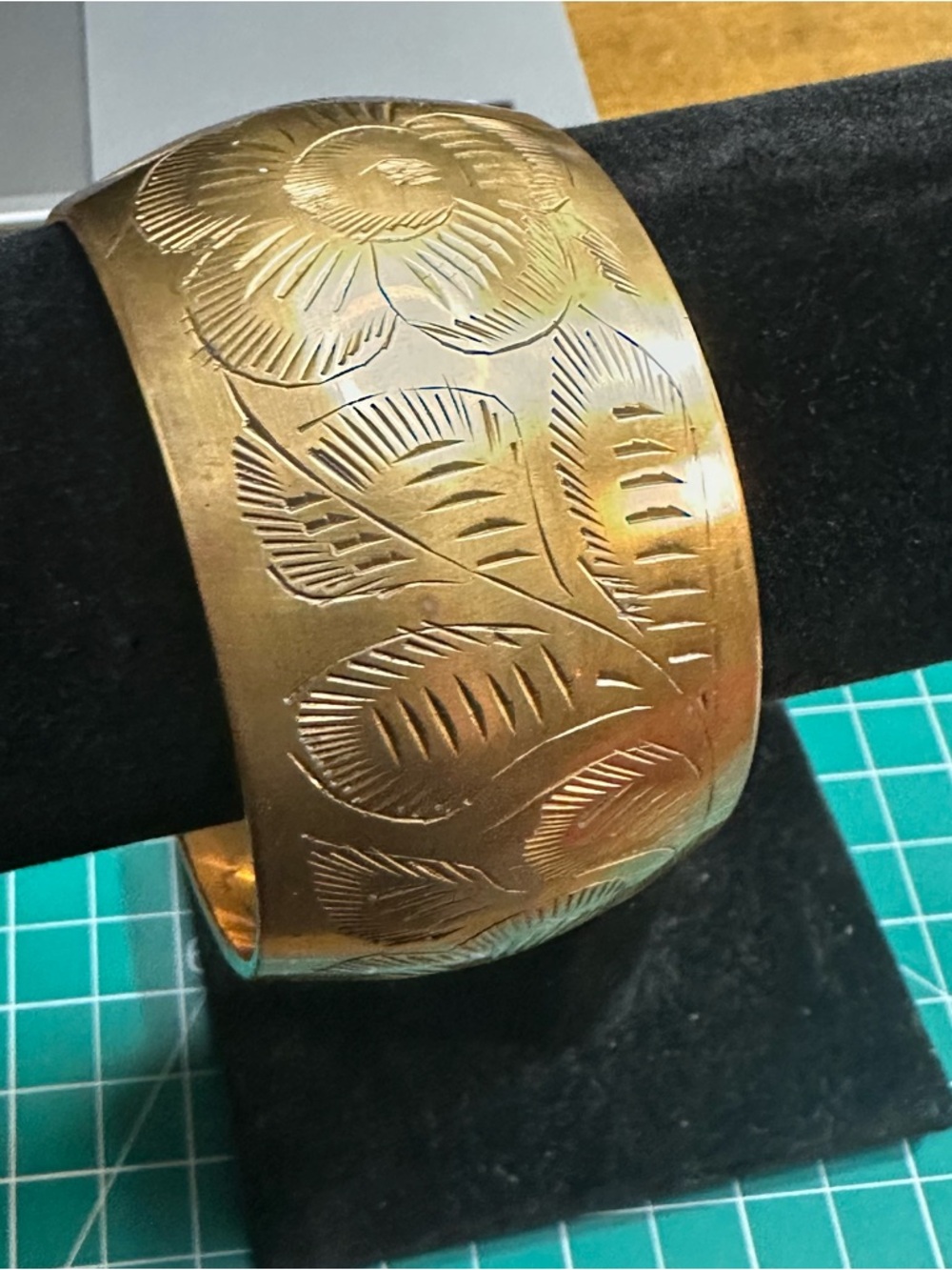Vintage Wide Etched Brass Floral Cuff Bracelet